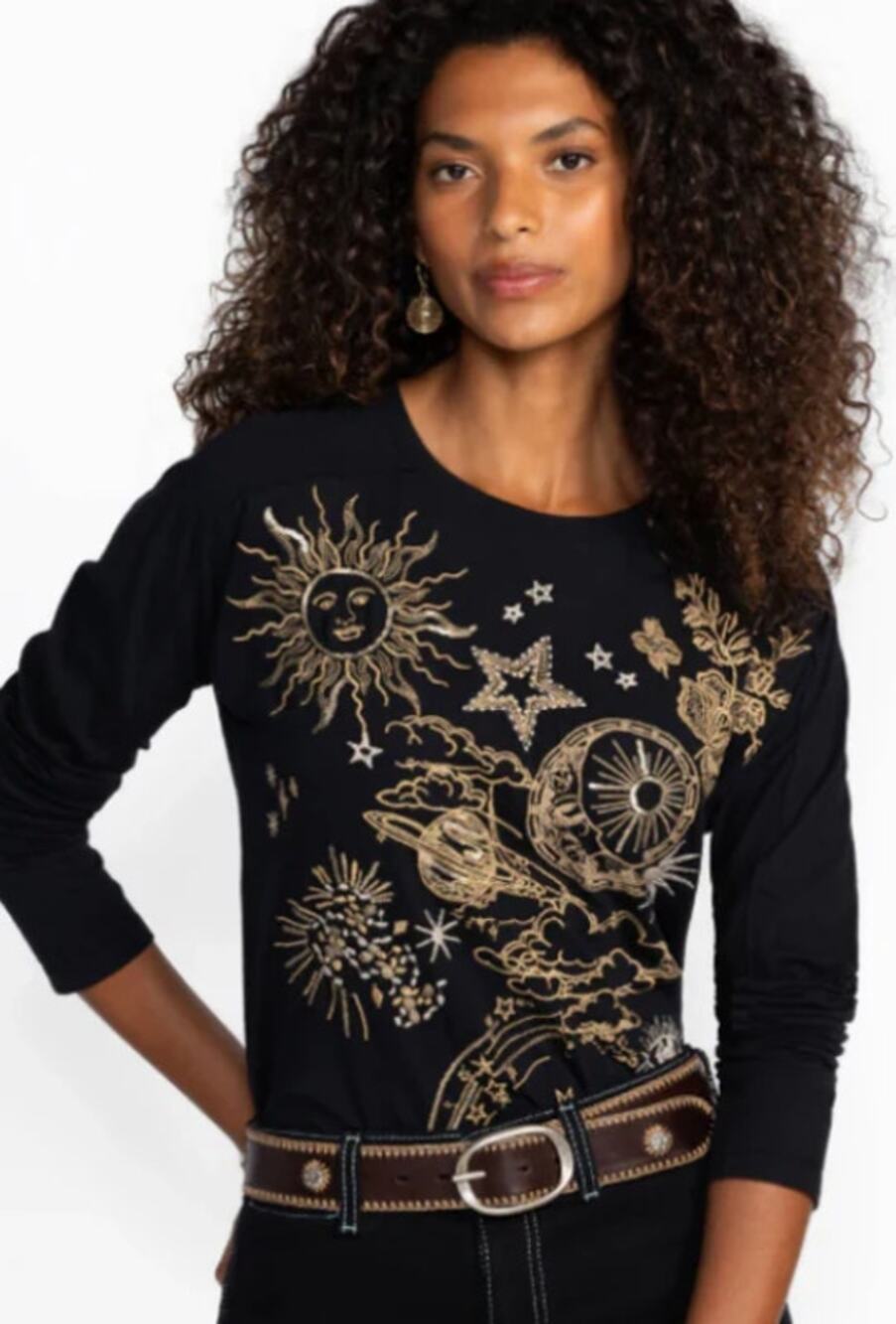 JOHNNY WAS Women's Miaora Printed Tee Top Medium Black Long Sleeve Dolman NWT
